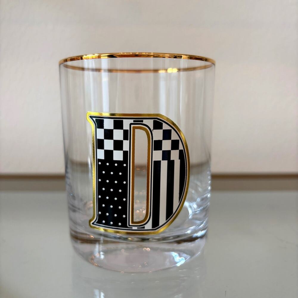 NEW MacKenzie-Childs Monogram Tumbler "D" with Gold Rim Chic Barware